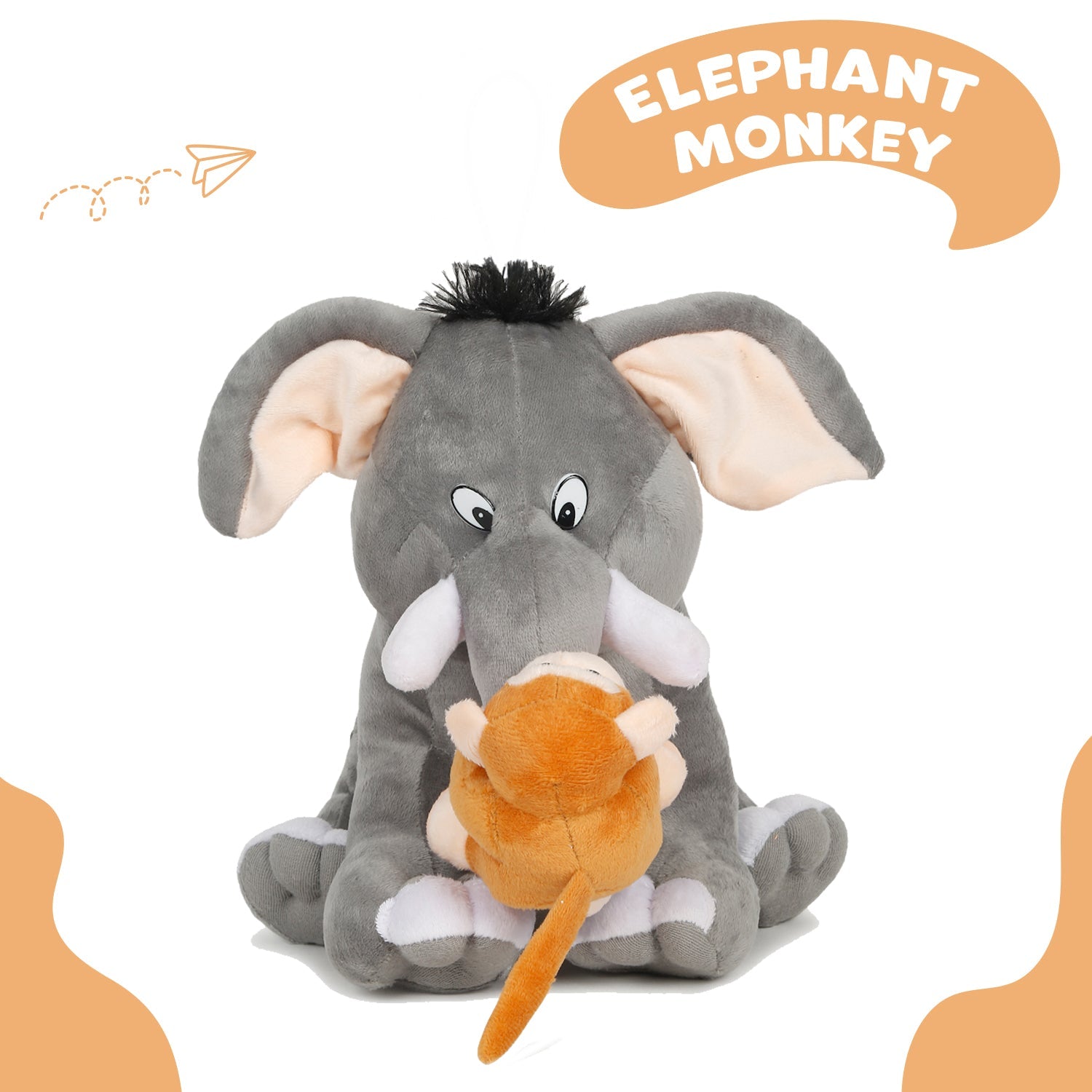 LITTLE Ginnie Elephant Monkey 2 - in - 1 Soft Toy for Kids - Grey & Brown - Plush Toy for Newborn Baby - NK - EL - MON - ST