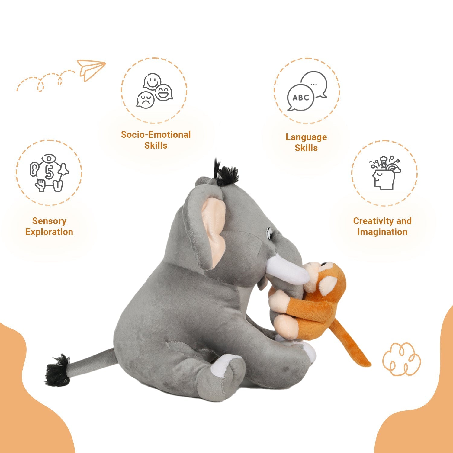 LITTLE Ginnie Elephant Monkey 2 - in - 1 Soft Toy for Kids - Grey & Brown - Plush Toy for Newborn Baby - NK - EL - MON - ST