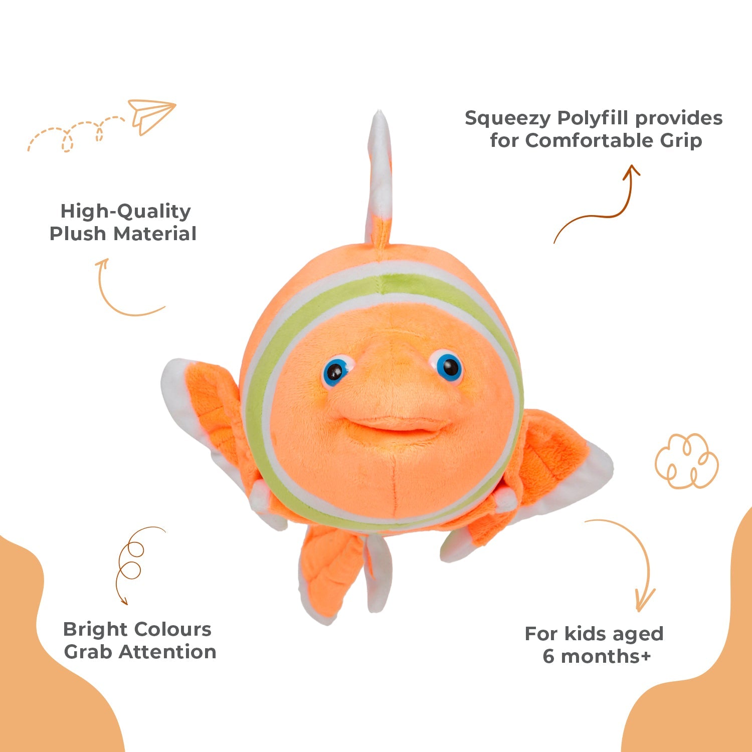 LITTLE GINNIE Fish Soft Toys for Kids - Orange Green, Toy for Babies 6 Months + - NK - FISH - GRN - OR - ST