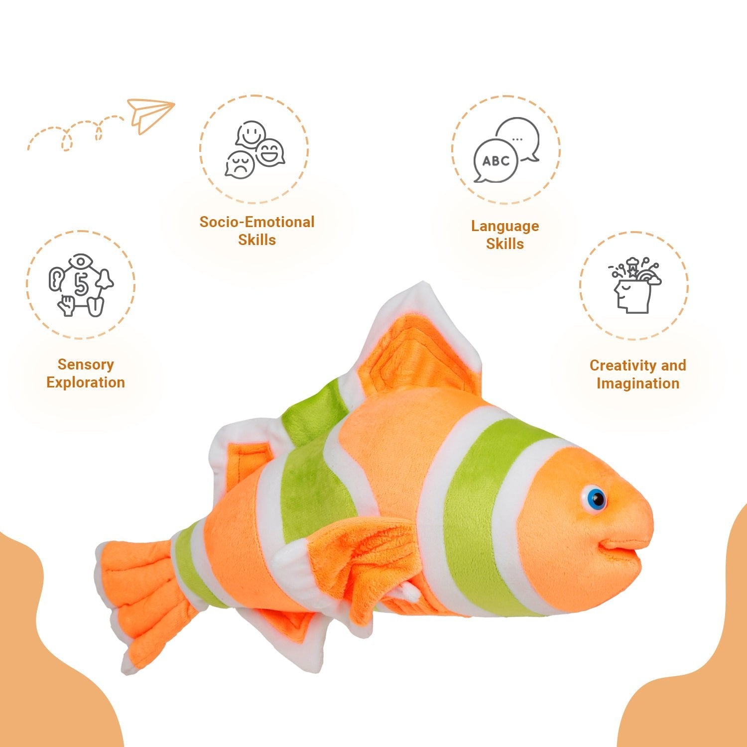 LITTLE GINNIE Fish Soft Toys for Kids - Orange Green, Toy for Babies 6 Months + - NK - FISH - GRN - OR - ST