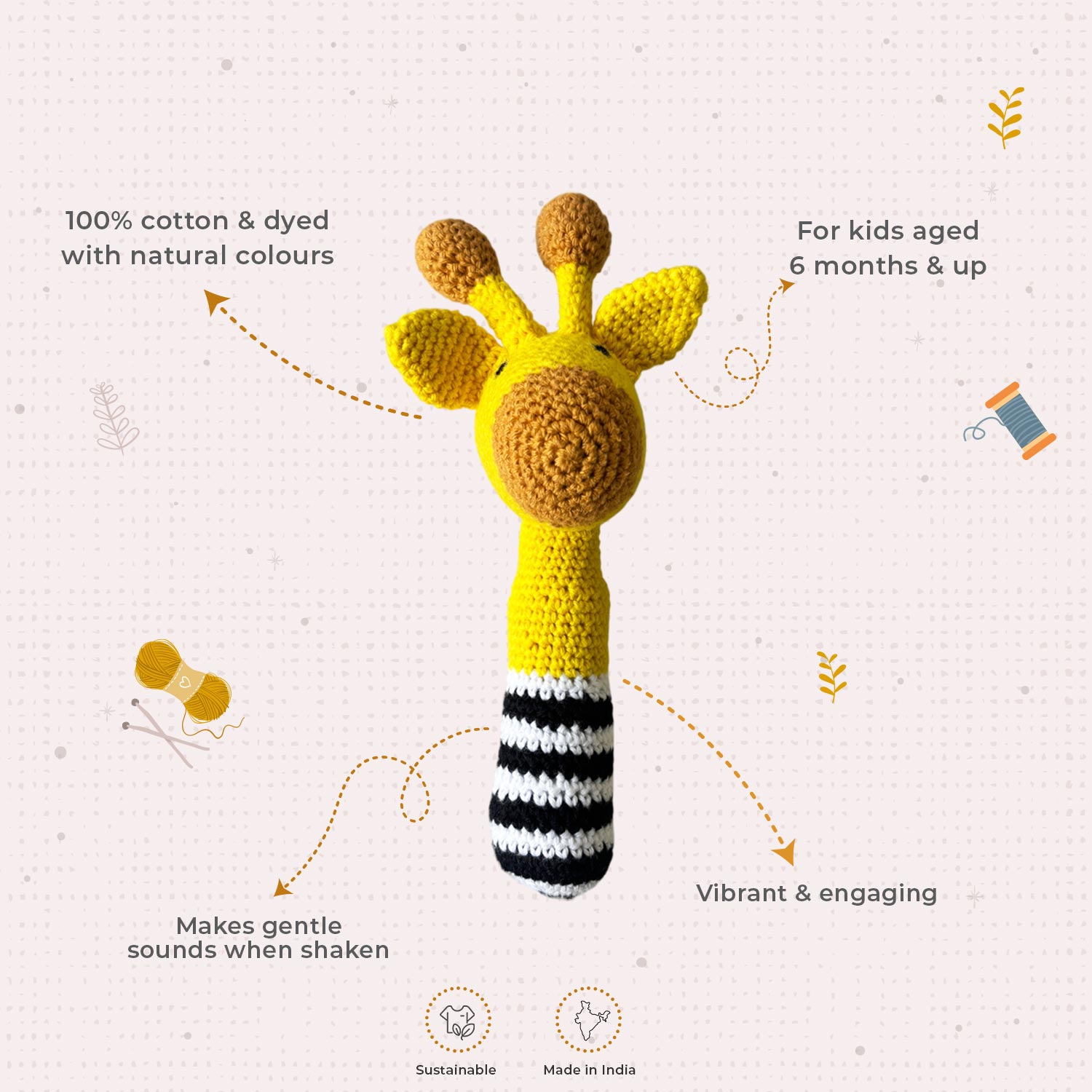 Little Ginnie Giraffe Baby Rattle Toys for New Born Baby 6+ Months - Yellow | Crochet Soft Doll - AMYH - GIRF - RTL - YL - 001