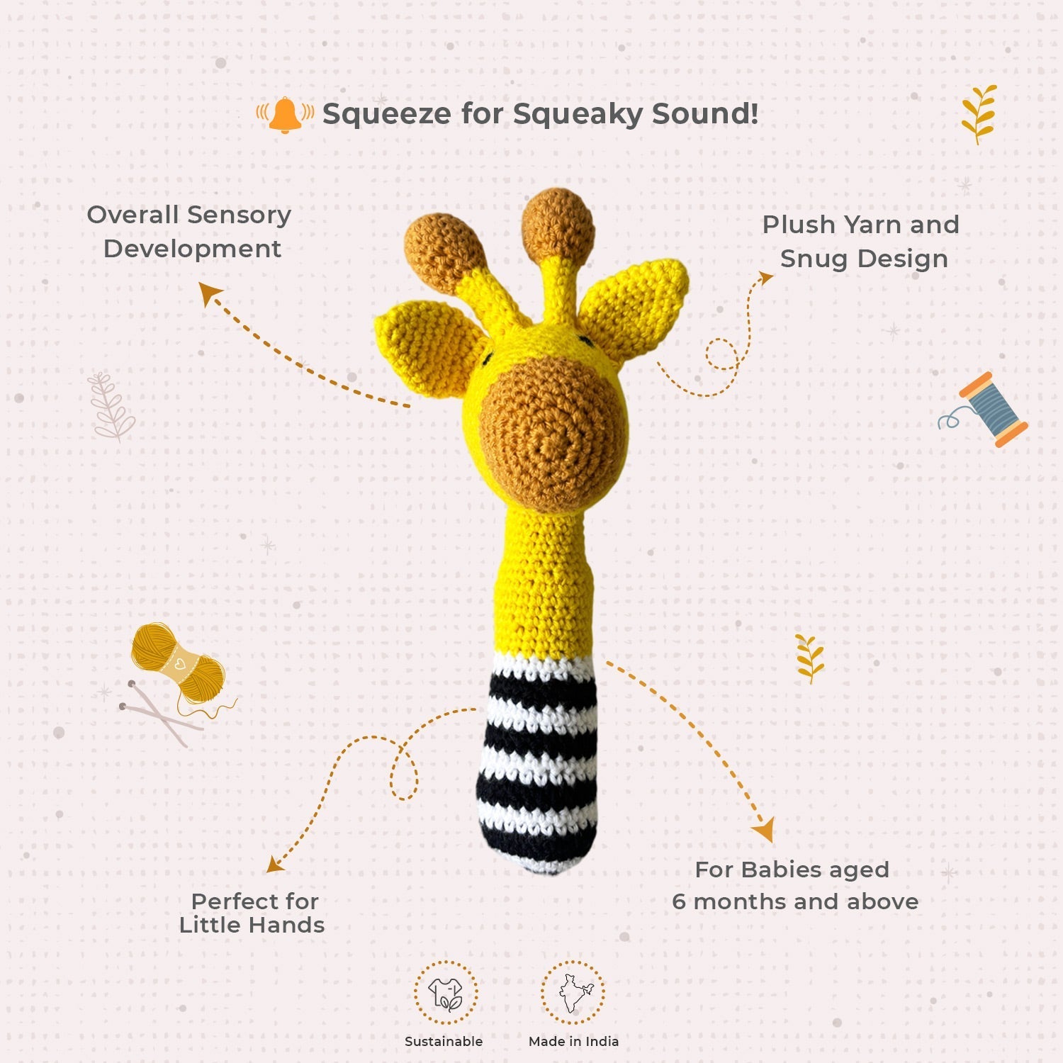 Little Ginnie Giraffe Baby Rattle Toys for New Born Baby 6+ Months - Yellow | Crochet Soft Doll - AMYH - GIRF - RTL - YL - 001