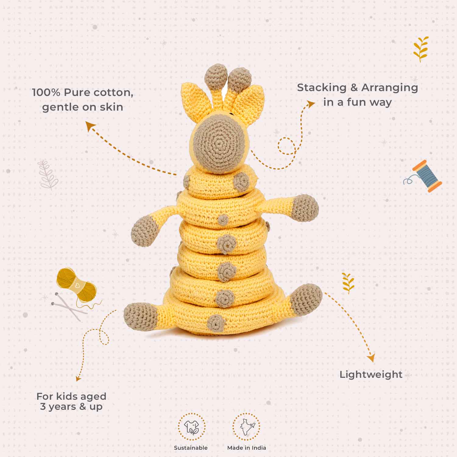 LITTLE Ginnie Giraffe Stacker Crochet Soft Doll - Yellow | 6+ Months up Babies - AMYH - GIRF - STC