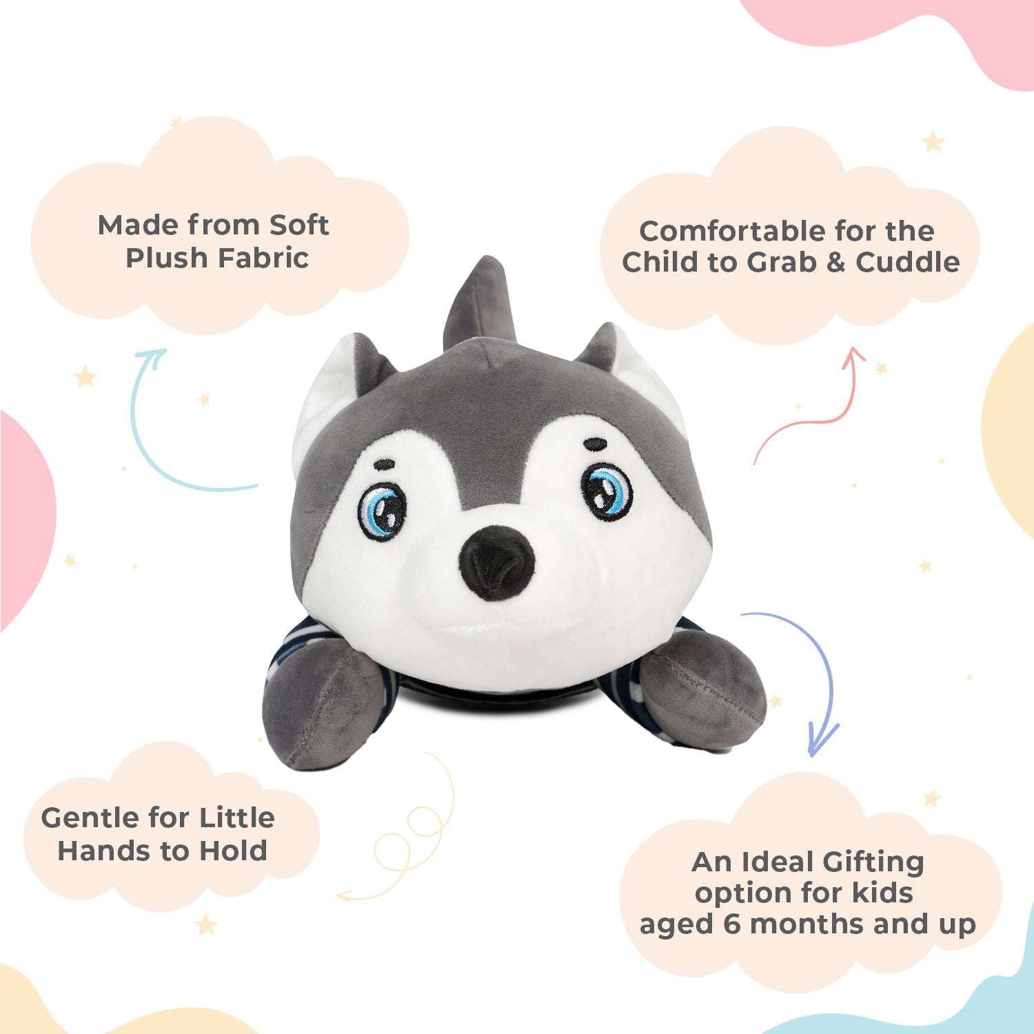 LITTLE GINNIE Husky Dog Soft Toys - Grey | Plush Toy for Kids 6 Months+ | Returned & Birthday Gift for Baby - LG - HUSKY - GRY - ST