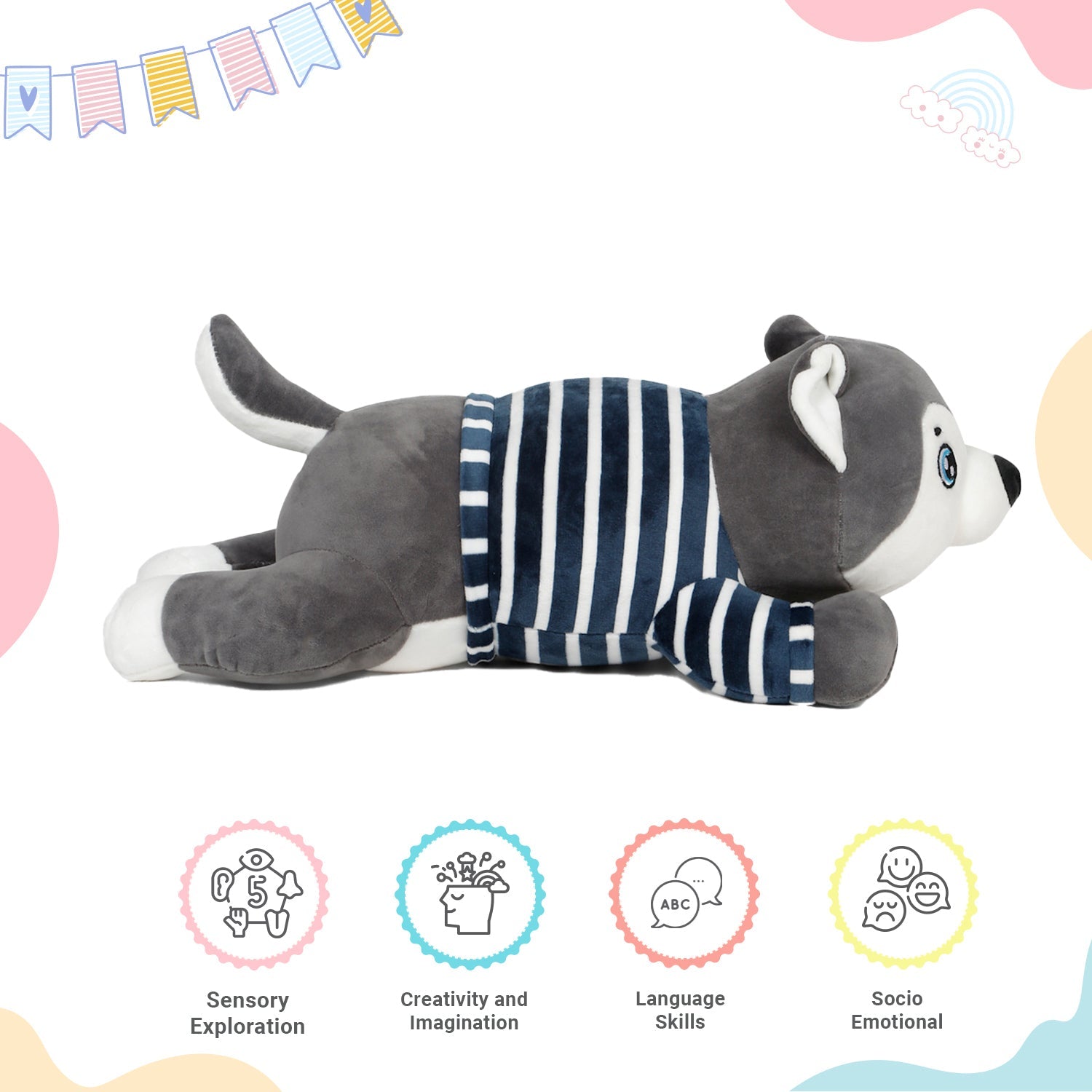 LITTLE GINNIE Husky Dog Soft Toys - Grey | Plush Toy for Kids 6 Months+ | Returned & Birthday Gift for Baby - LG - HUSKY - GRY - ST