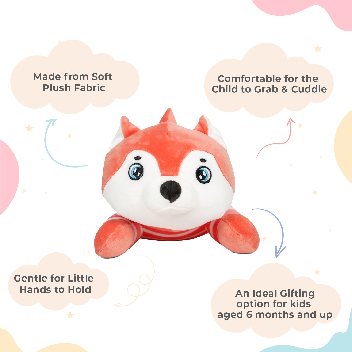 LITTLE GINNIE Husky Dog Soft Toys - Peach | Plush Toy for Kids 6 Months+ | Returned & Birthday Gift for Baby - LG - HUSKY - PEACH - ST
