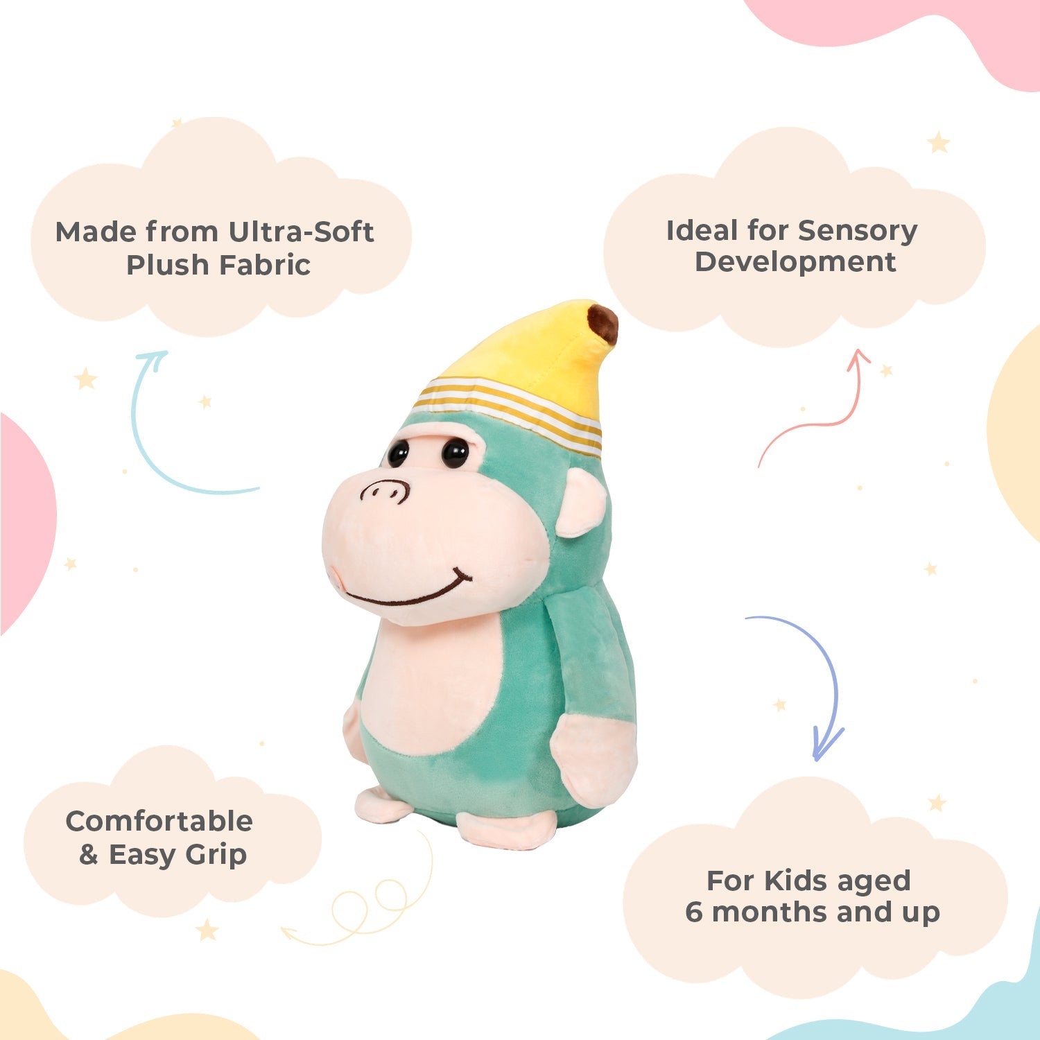 LITTLE GINNIE Monkey Soft Toys - Cyan | Returned & Birthday Gift for Baby - LG - CYAN - BANANA - ST