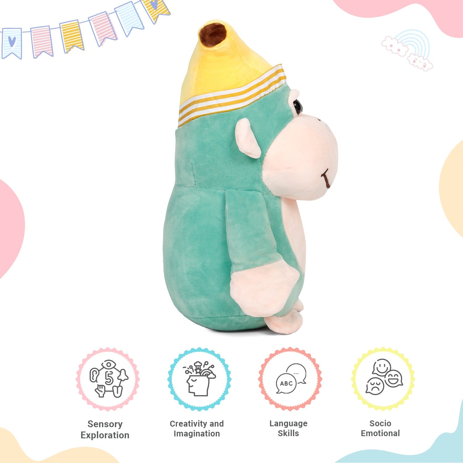 LITTLE GINNIE Monkey Soft Toys - Cyan | Returned & Birthday Gift for Baby - LG - CYAN - BANANA - ST