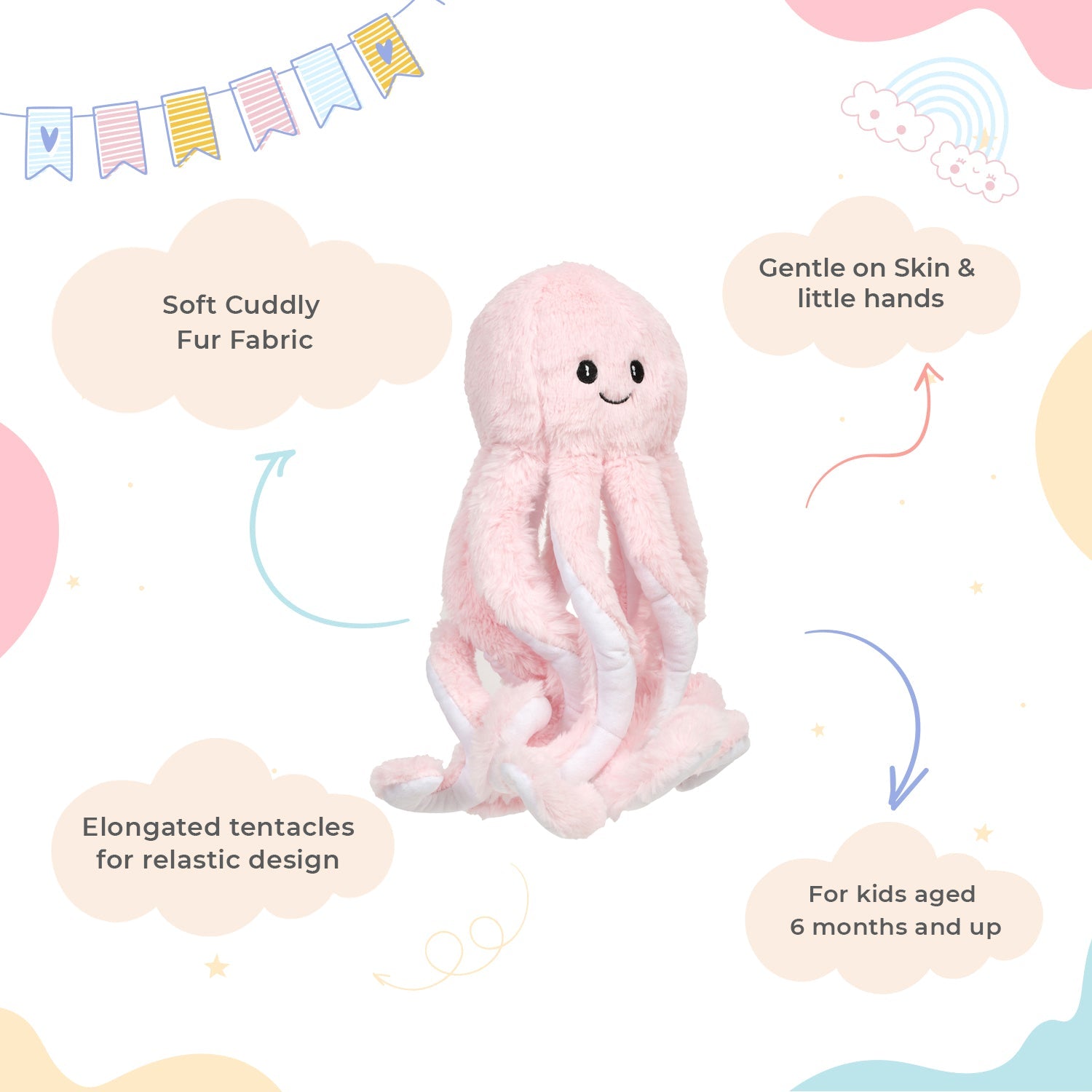LITTLE GINNIE Octopus Soft Toy for Kids - Age 6 Months + - TT - OCT - PNK - 01