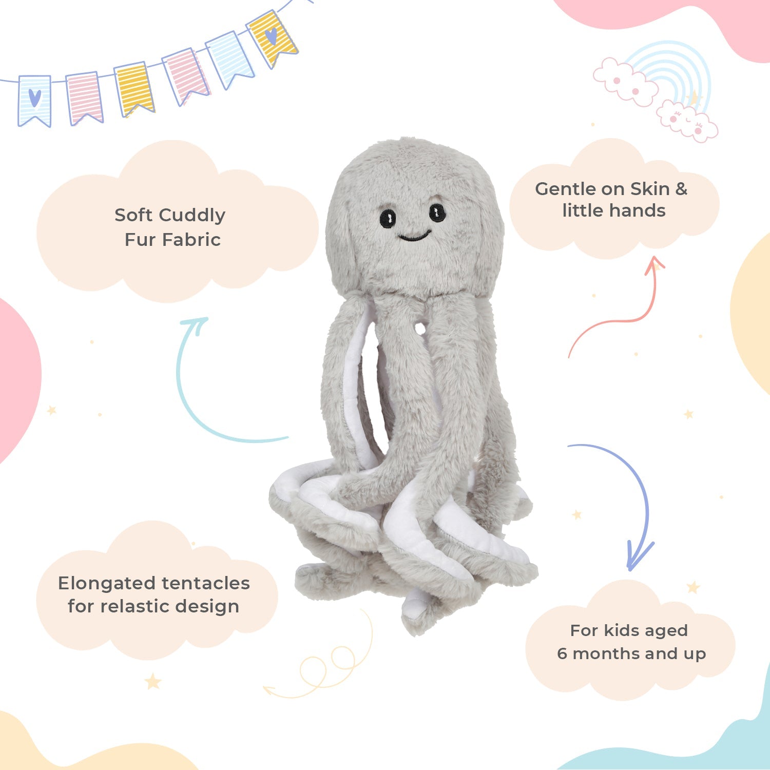 LITTLE GINNIE Octopus Soft Toy for Kids - Age 6 Months + - TT - OCT - GRY - 01