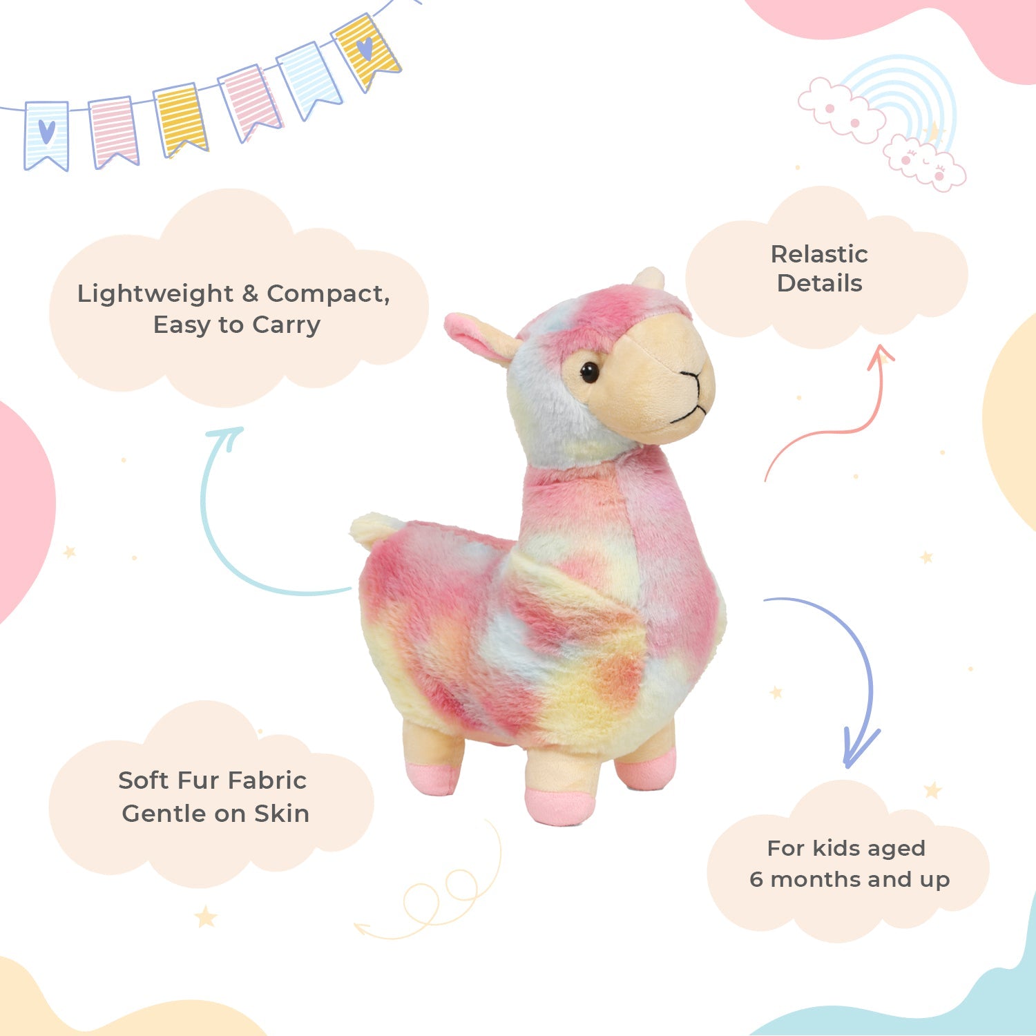 Little Ginnie Rainbow Llama Soft Toy for Kids - Multicolor - Age 6 Months + - TT - LAMA - RAIN - 01