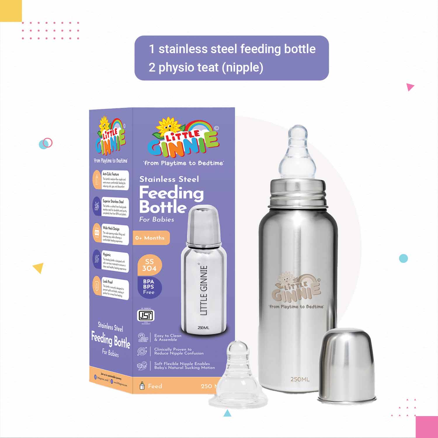 Little Ginnie Stainless Steel Feeding Bottle - LG - FED - BOTTLE - 250