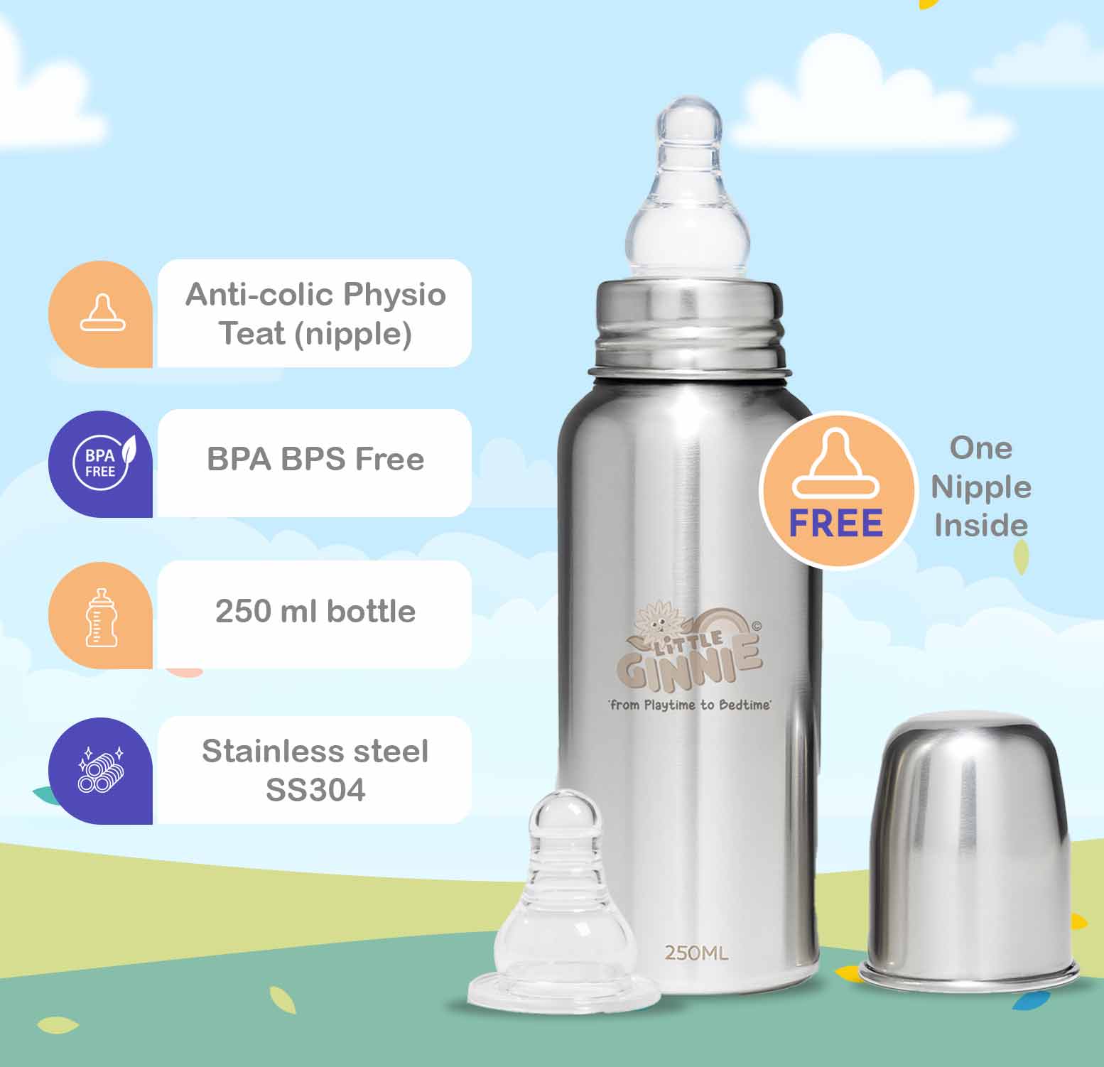 Little Ginnie Stainless Steel Feeding Bottle - LG - FED - BOTTLE - 250