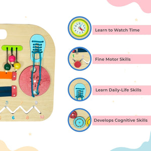 Little Ginnie Wooden Busy Board for Toddlers | 10 - in - 1 Wooden Educational Toy with Clock, Zipper, Gear, Puzzle - OI - BUSY - BOARD
