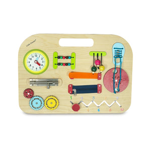 Little Ginnie Wooden Busy Board for Toddlers | 10 - in - 1 Wooden Educational Toy with Clock, Zipper, Gear, Puzzle - OI - BUSY - BOARD