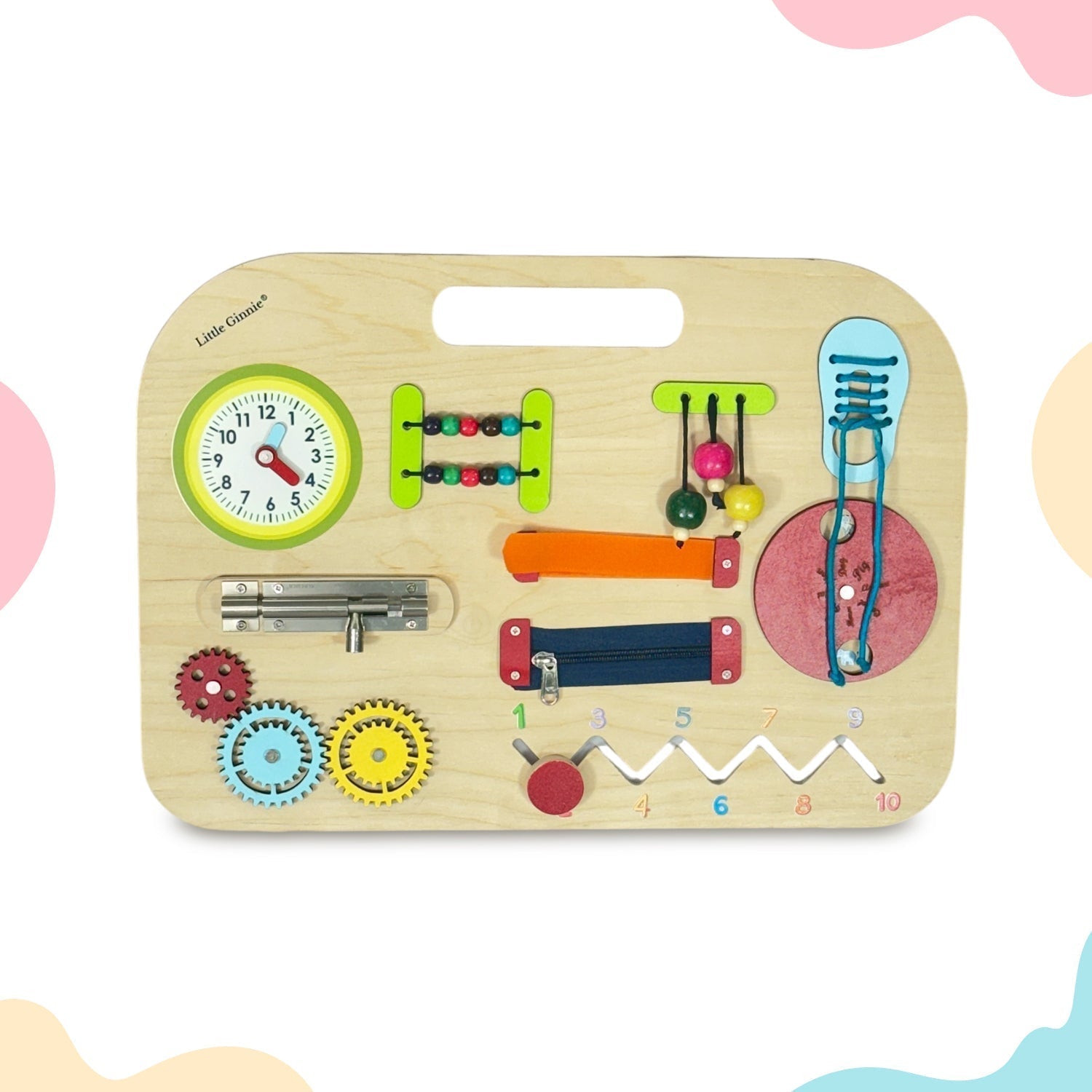 Little Ginnie Wooden Busy Board for Toddlers | 10 - in - 1 Wooden Educational Toy with Clock, Zipper, Gear, Puzzle - OI - BUSY - BOARD