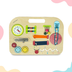 Little Ginnie Wooden Busy Board for Toddlers | 10 - in - 1 Wooden Educational Toy with Clock, Zipper, Gear, Puzzle - OI - BUSY - BOARD
