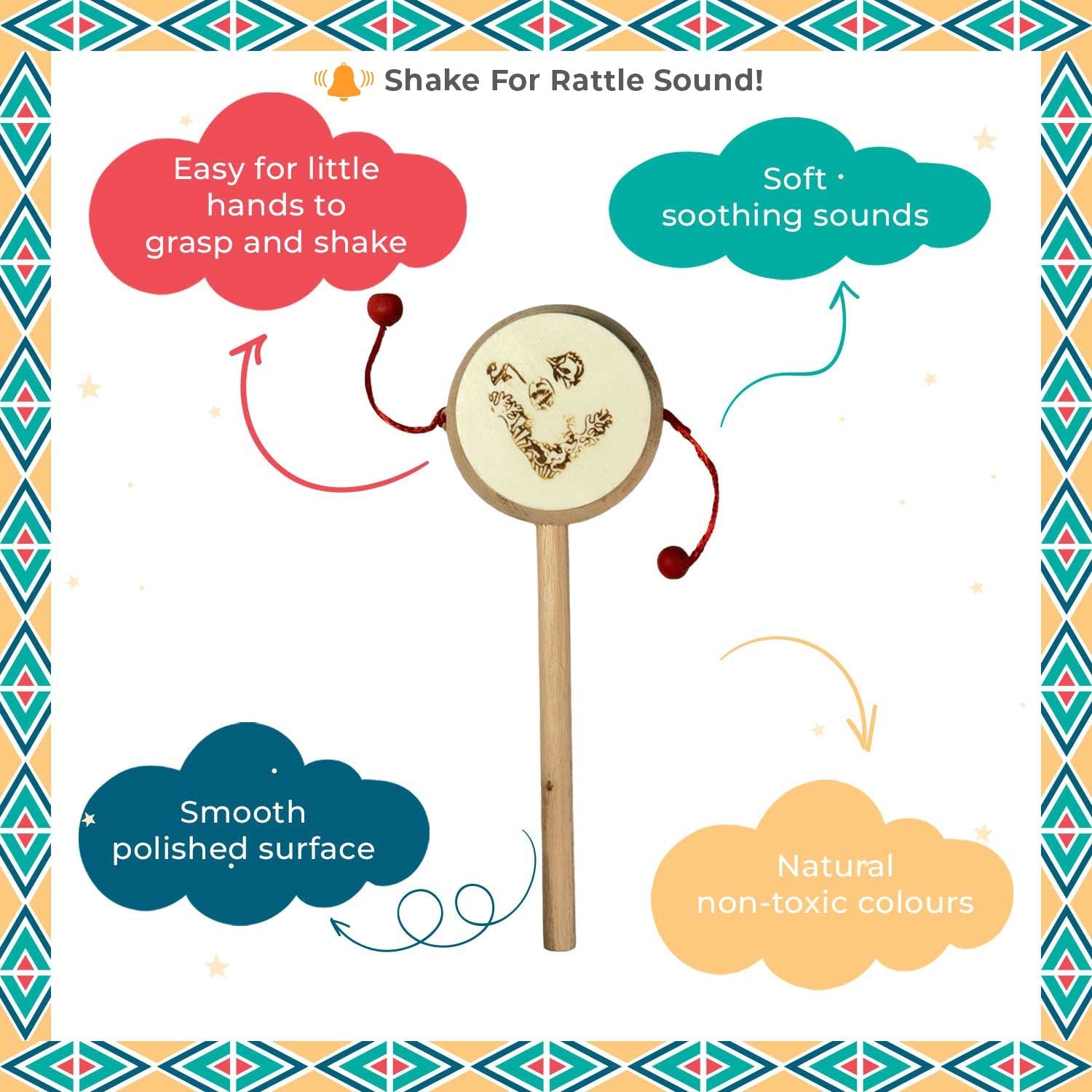 Little Ginnie Wooden Daphli Rattle - Handcrafted Toys for New Born Baby | Return & Birthday Gift - LG - CP - RTTLE - 01