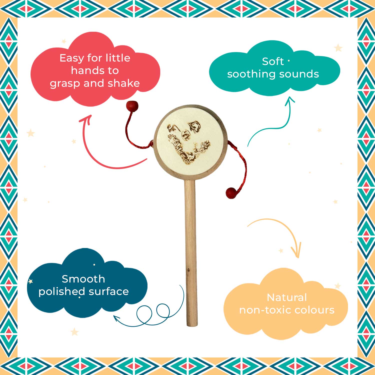 Little Ginnie Wooden Daphli Rattle - Handcrafted Toys for New Born Baby | Return & Birthday Gift - LG - CP - RTTLE - 01