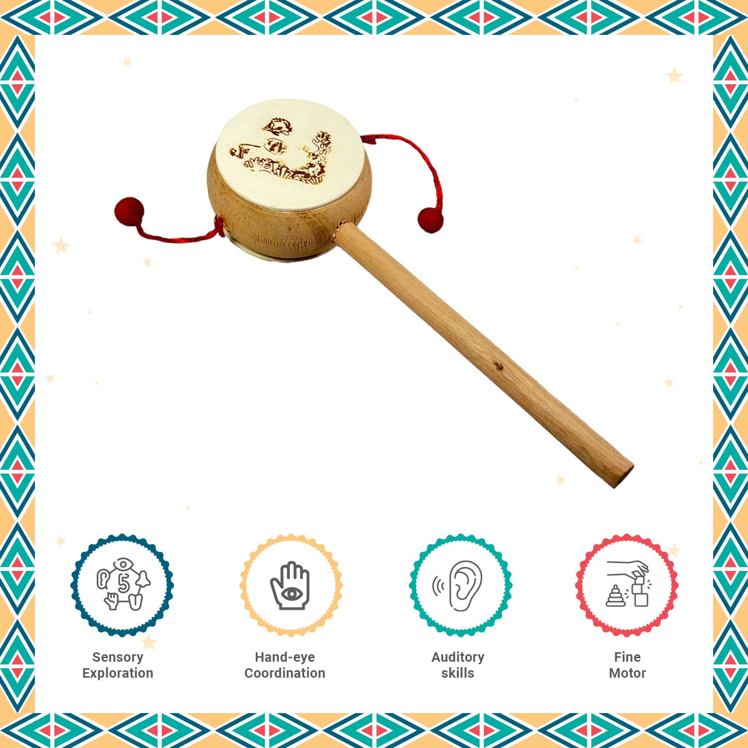 Little Ginnie Wooden Daphli Rattle - Handcrafted Toys for New Born Baby | Return & Birthday Gift - LG - CP - RTTLE - 01