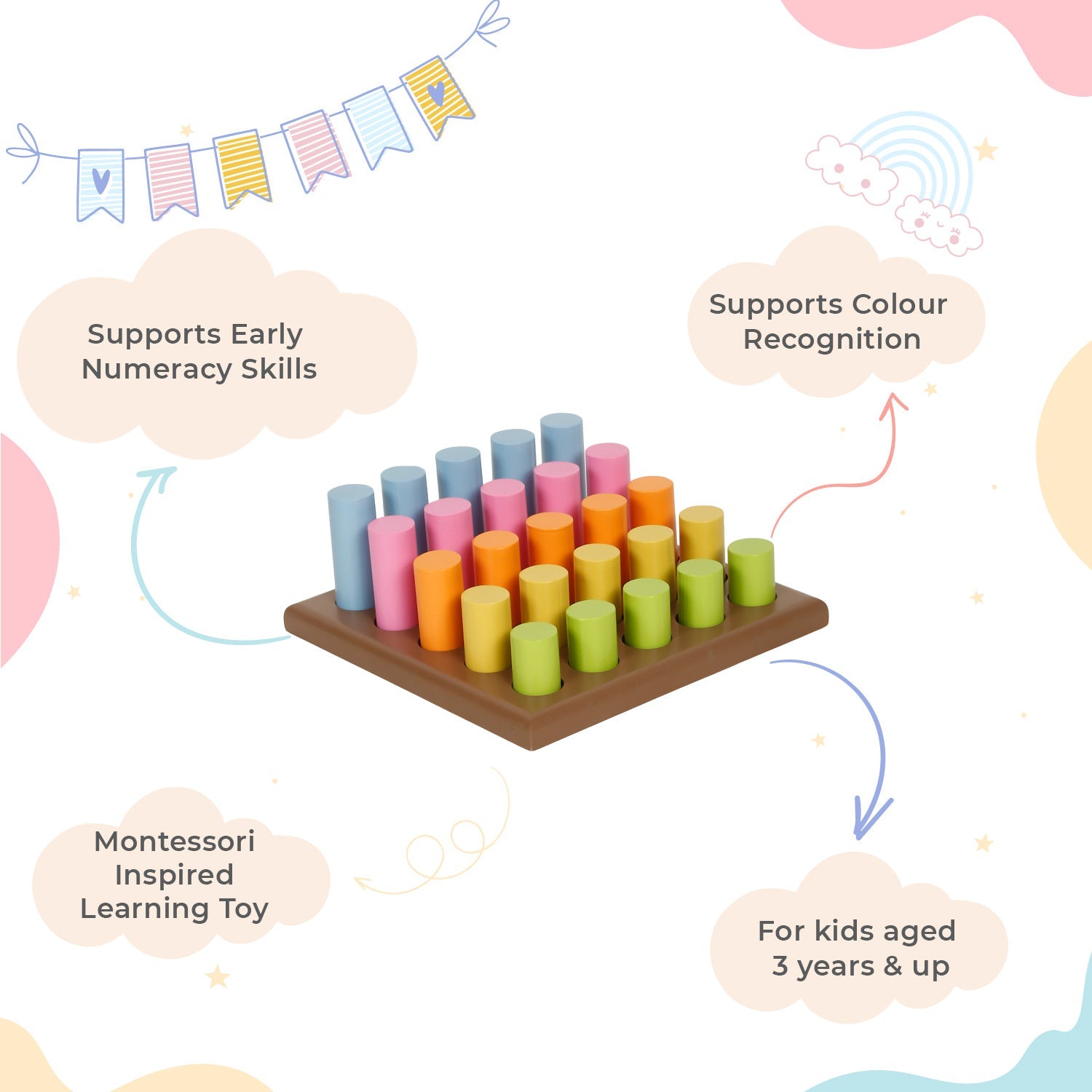 LITTLE GINNIE Wooden Grading Cylinders Montessori Learning Toy for Kids 3+ Years | Size & Color Recognition | Educational Toy for Early Numeracy - LG - PBX - GRADNG - CYL