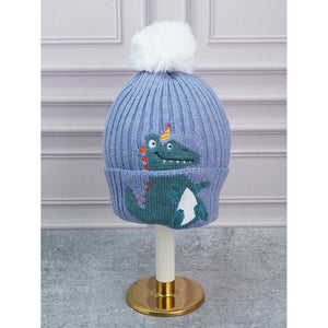 Little Surpise Box , 2pcs Blue party Dino themed Beanie Winter Cap with matching Long style Neck Mufflers for Kids, 4 - 10 Years - 4 - 10 Years Winter Wear