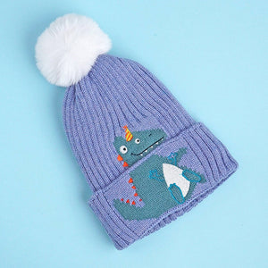Little Surpise Box , 2pcs Blue party Dino themed Beanie Winter Cap with matching Long style Neck Mufflers for Kids, 4 - 10 Years - 4 - 10 Years Winter Wear