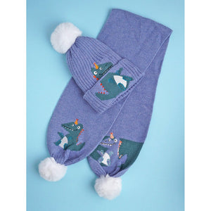 Little Surpise Box , 2pcs Blue party Dino themed Beanie Winter Cap with matching Long style Neck Mufflers for Kids, 4 - 10 Years - 4 - 10 Years Winter Wear