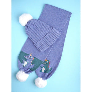 Little Surpise Box , 2pcs Blue party Dino themed Beanie Winter Cap with matching Long style Neck Mufflers for Kids, 4 - 10 Years - 4 - 10 Years Winter Wear