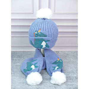 Little Surpise Box , 2pcs Blue party Dino themed Beanie Winter Cap with matching Long style Neck Mufflers for Kids, 4 - 10 Years - 4 - 10 Years Winter Wear