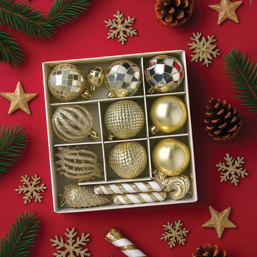 Little Surprise Box 14 pcs Champagne Gold & white themed Christmas Balls tree hanging, XMAS Decoration set. - Christmas Decor