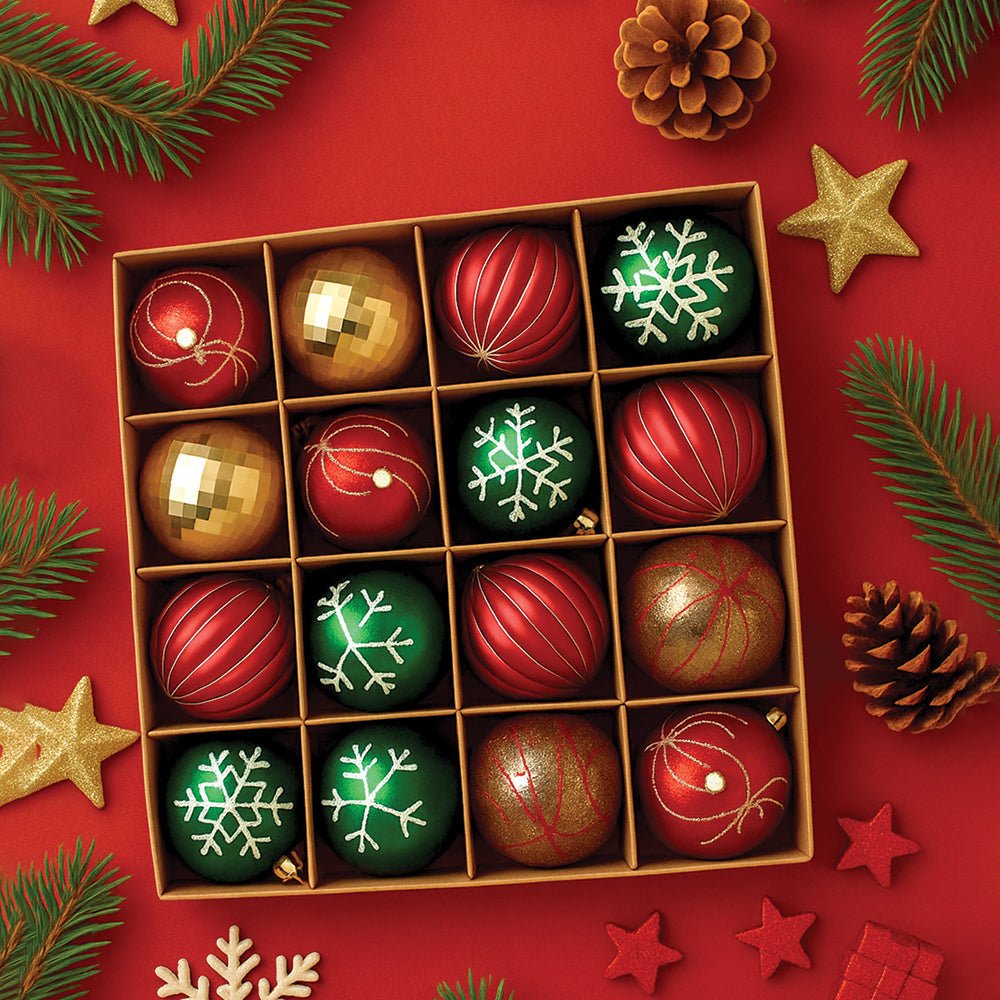 Little Surprise Box 16pcs Stripes & Snowfall Red & Green christmas Tree oranments XMAS Tree decoration set - Christmas Decor