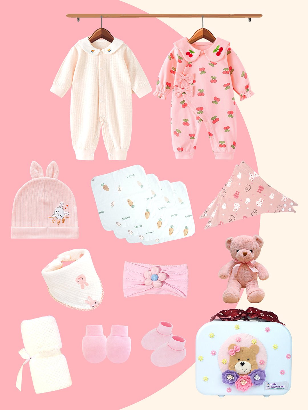 Little Surprise Box, 18 pcs Baby Pink Teddy Birthday Gift Hamper set for Baby Girl with travelling Suitcase - LSB - FSTBDAY - 18 - PNKTEDDY - SC