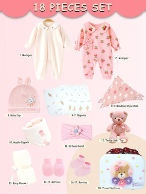 Little Surprise Box, 18 pcs Baby Pink Teddy Birthday Gift Hamper set for Baby Girl with travelling Suitcase - Gift Set