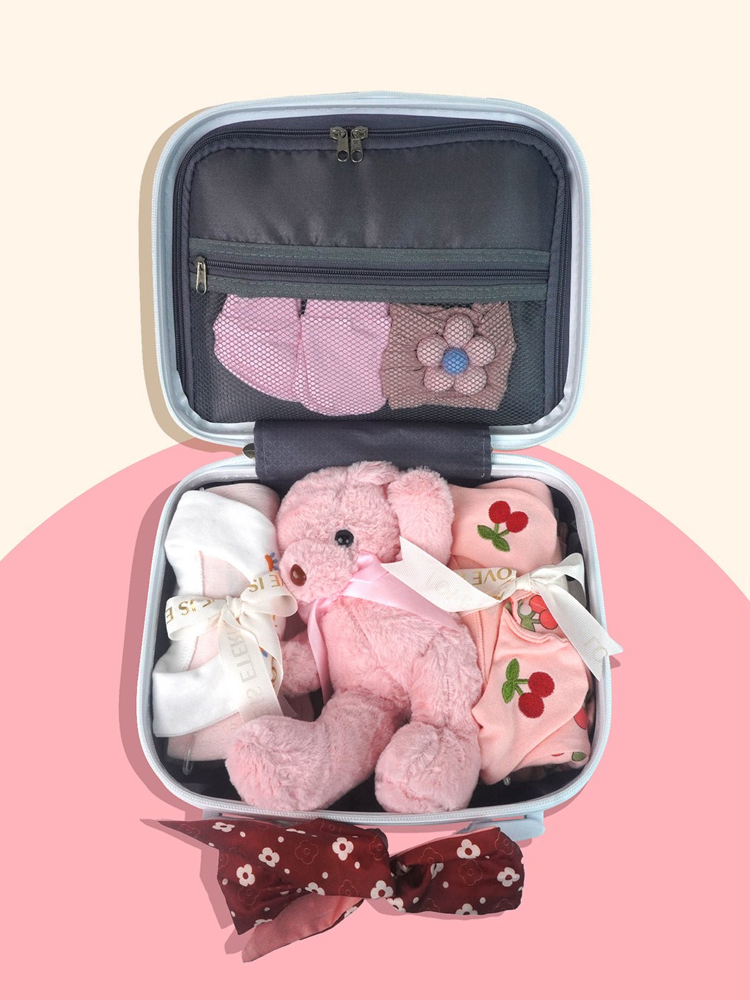 Little Surprise Box, 18 pcs Baby Pink Teddy Birthday Gift Hamper set for Baby Girl with travelling Suitcase - LSB - FSTBDAY - 18 - PNKTEDDY - SC