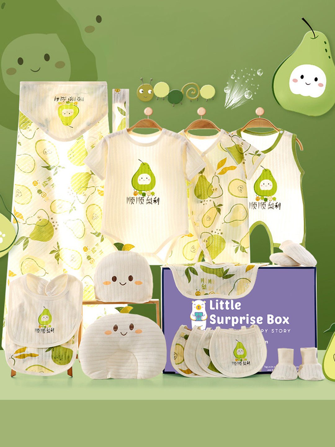 Little Surprise Box, 18 pcs Green Pear Newborn Baby Girl/ Boy Gift Box Hamper, (0 - 12 months) - LSB - BS18 - GREENPEAR