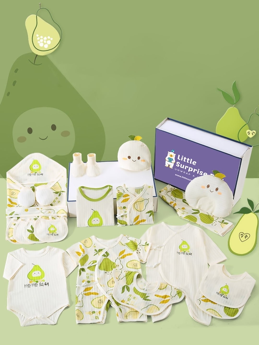 Little Surprise Box, 18 pcs Green Pear Newborn Baby Girl/ Boy Gift Box Hamper, (0 - 12 months) - LSB - BS18 - GREENPEAR