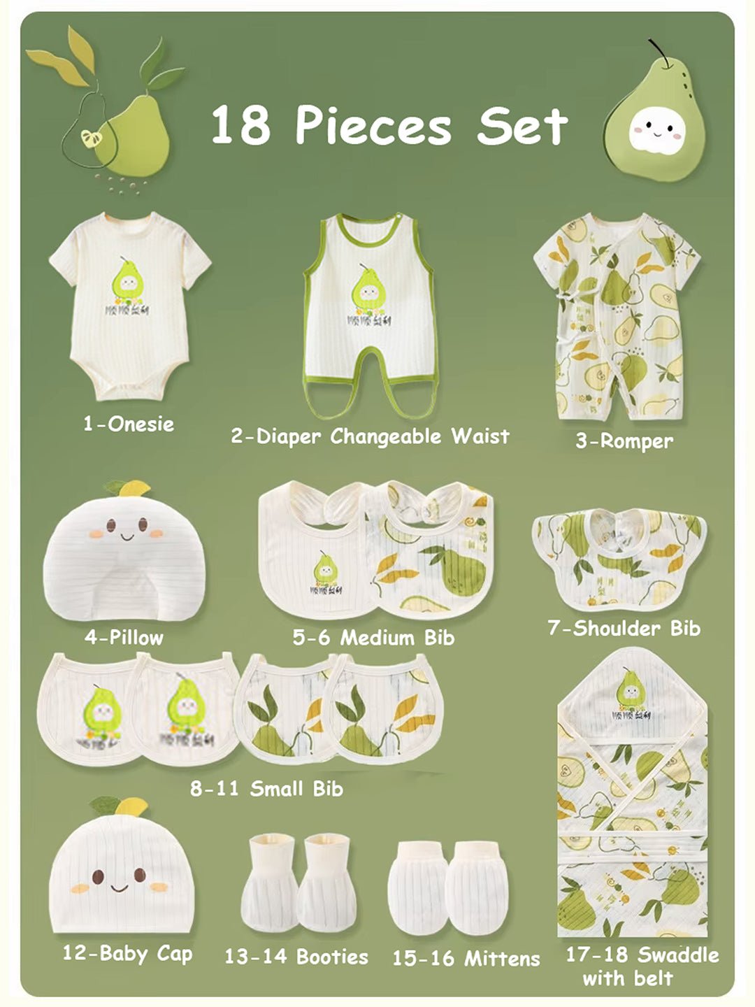 Little Surprise Box, 18 pcs Green Pear Newborn Baby Girl/ Boy Gift Box Hamper, (0 - 12 months) - LSB - BS18 - GREENPEAR