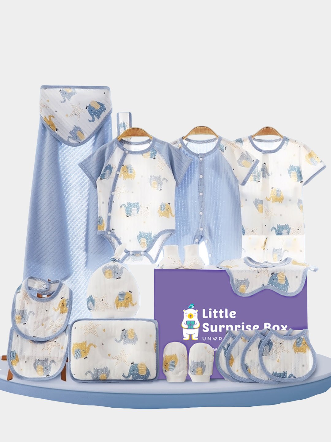 Little Surprise Box, 19 pcs Blue Starry Elephant Newborn Baby Girl/ Boy Gift Box Hamper, (0 - 12 months) - LSB - BS19 - STARRYELPHNT