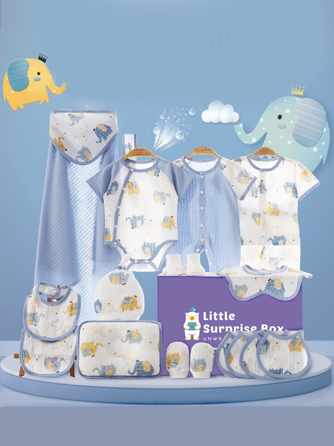 Little Surprise Box, 19 pcs Blue Starry Elephant Newborn Baby Girl/ Boy Gift Box Hamper, (0 - 12 months) - LSB - BS19 - STARRYELPHNT