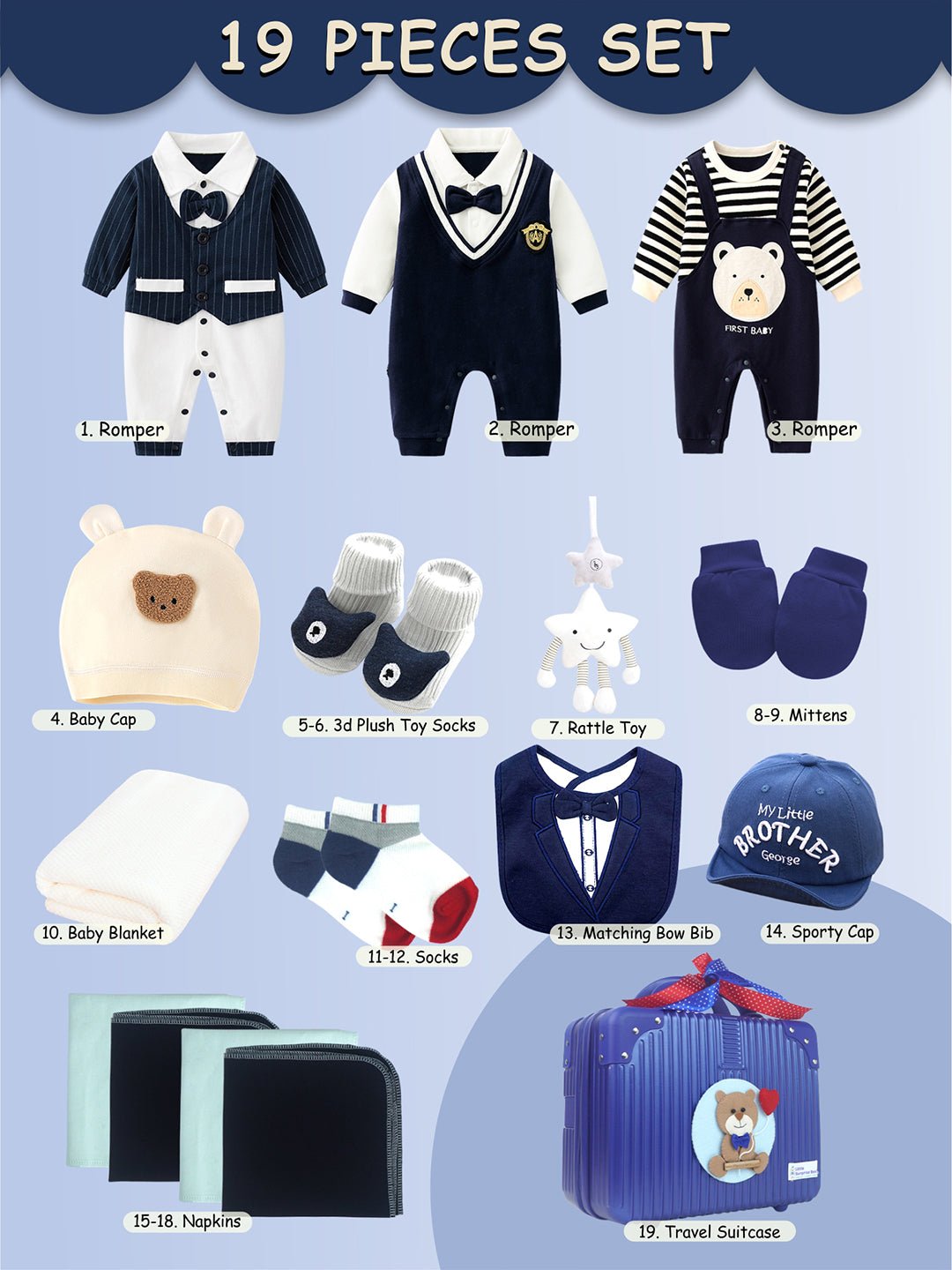 Little Surprise Box, 19 pcs Royal Blue Bow Teddy Birthday Gift Hamper set for Baby with travelling suitcase - LSB - FSTBDAY - 19ROYALBOWTED