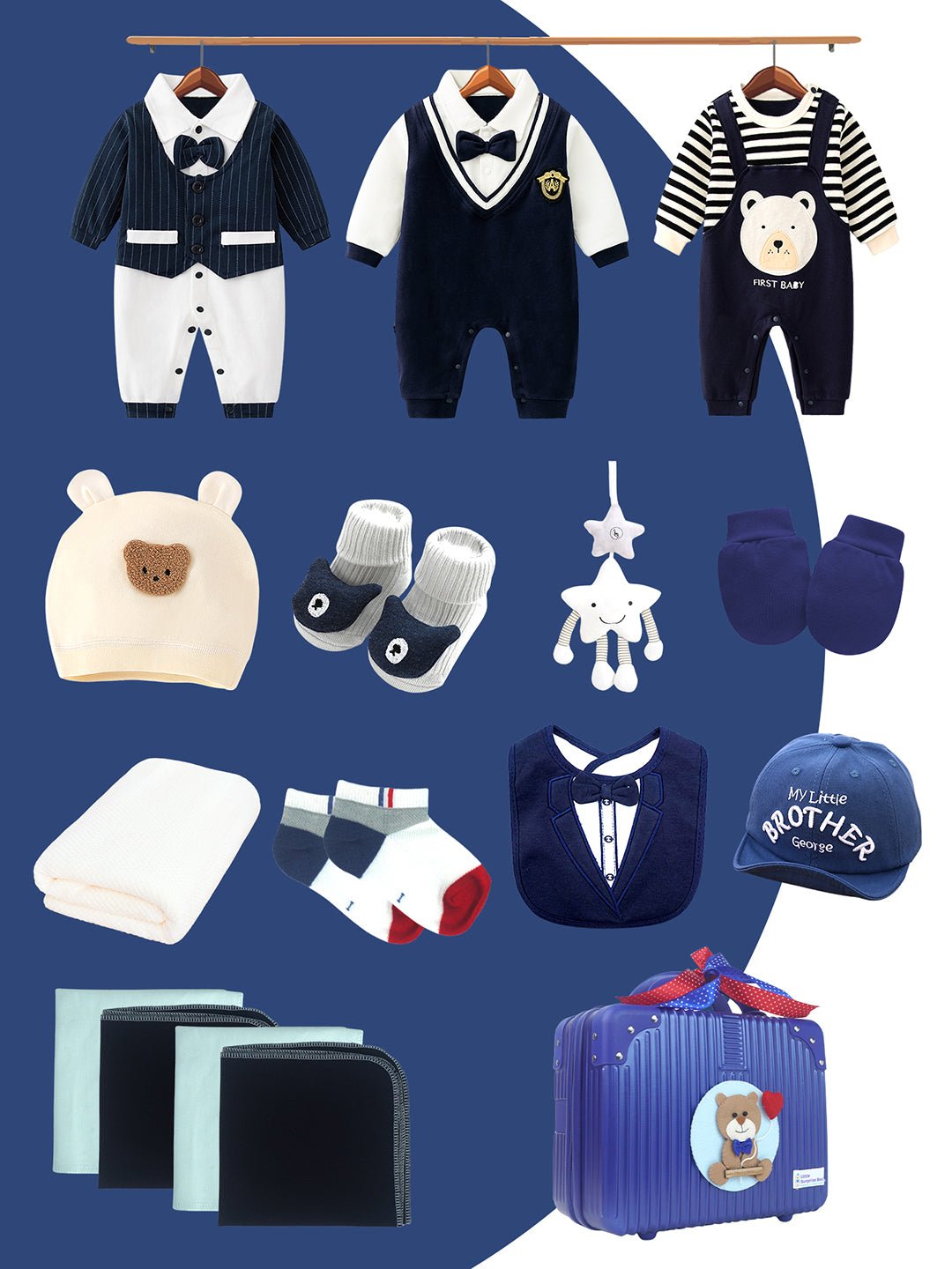 Little Surprise Box, 19 pcs Royal Blue Bow Teddy Birthday Gift Hamper set for Baby with travelling suitcase - LSB - FSTBDAY - 19ROYALBOWTED