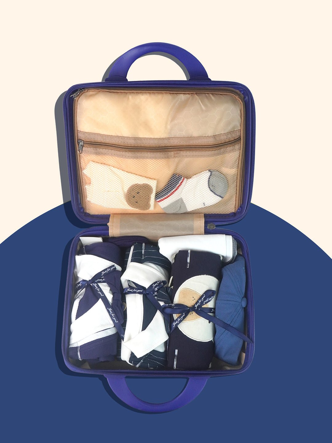 Little Surprise Box, 19 pcs Royal Blue Bow Teddy Birthday Gift Hamper set for Baby with travelling suitcase - LSB - FSTBDAY - 19ROYALBOWTED