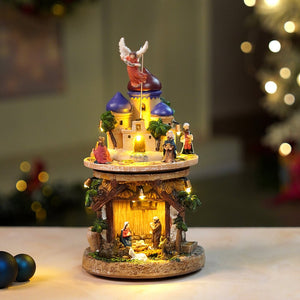 Little Surprise Box 2 Layered Rotating, Musical & Lit Angel Holy Family Bethlehem Crib and Nativity set - Christmas Decor
