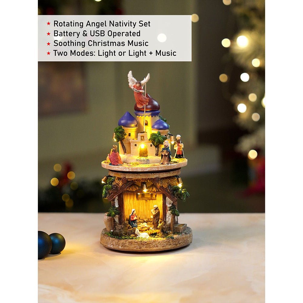 Little Surprise Box 2 Layered Rotating, Musical & Lit Angel Holy Family Bethlehem Crib and Nativity set - Christmas Decor