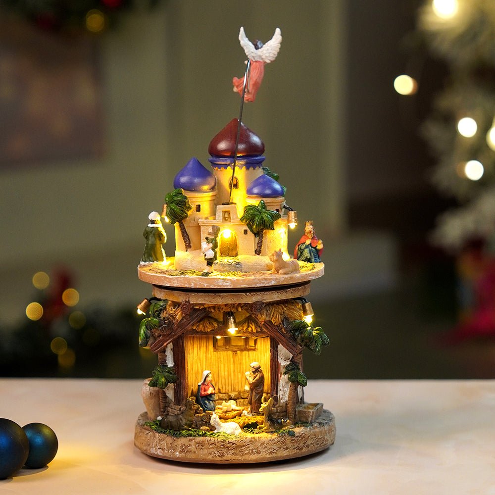 Little Surprise Box 2 Layered Rotating, Musical & Lit Angel Holy Family Bethlehem Crib and Nativity set - Christmas Decor