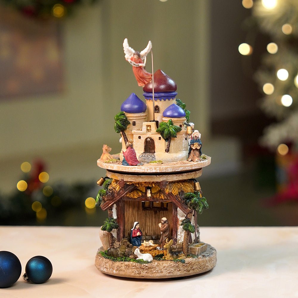 Little Surprise Box 2 Layered Rotating, Musical & Lit Angel Holy Family Bethlehem Crib and Nativity set - Christmas Decor