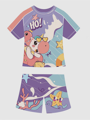 Little Surprise Box 2 PCS Flamingo Float Unicorn Tshirt & Shorts set Swimwear for Kids & Toddlers - Kids Swimwear