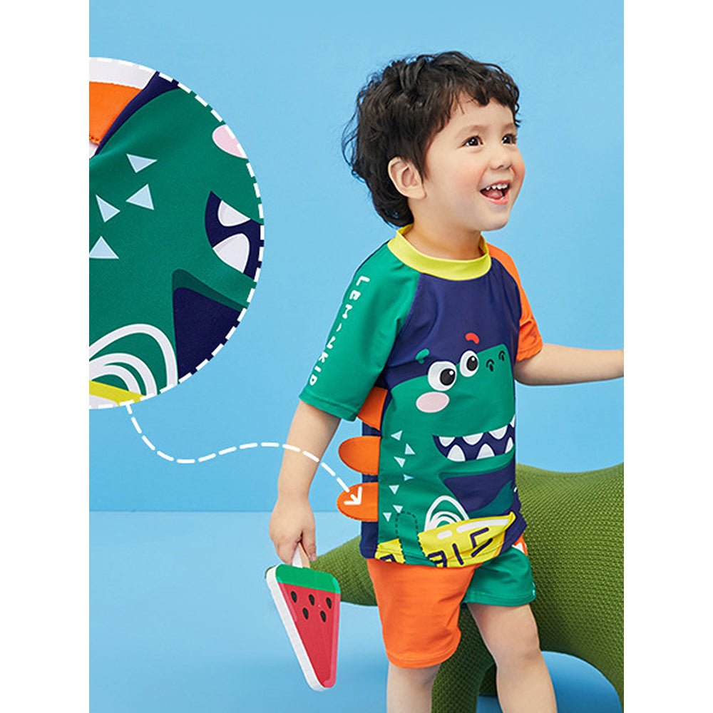 Little Surprise Box 2 pcs Shirt & Shorts set 3d Orange Dinosaur Swimwear with matching swimcap for toddlers and Kids,with UPF 50+ - LSB-SW-2PORNGEDINO100