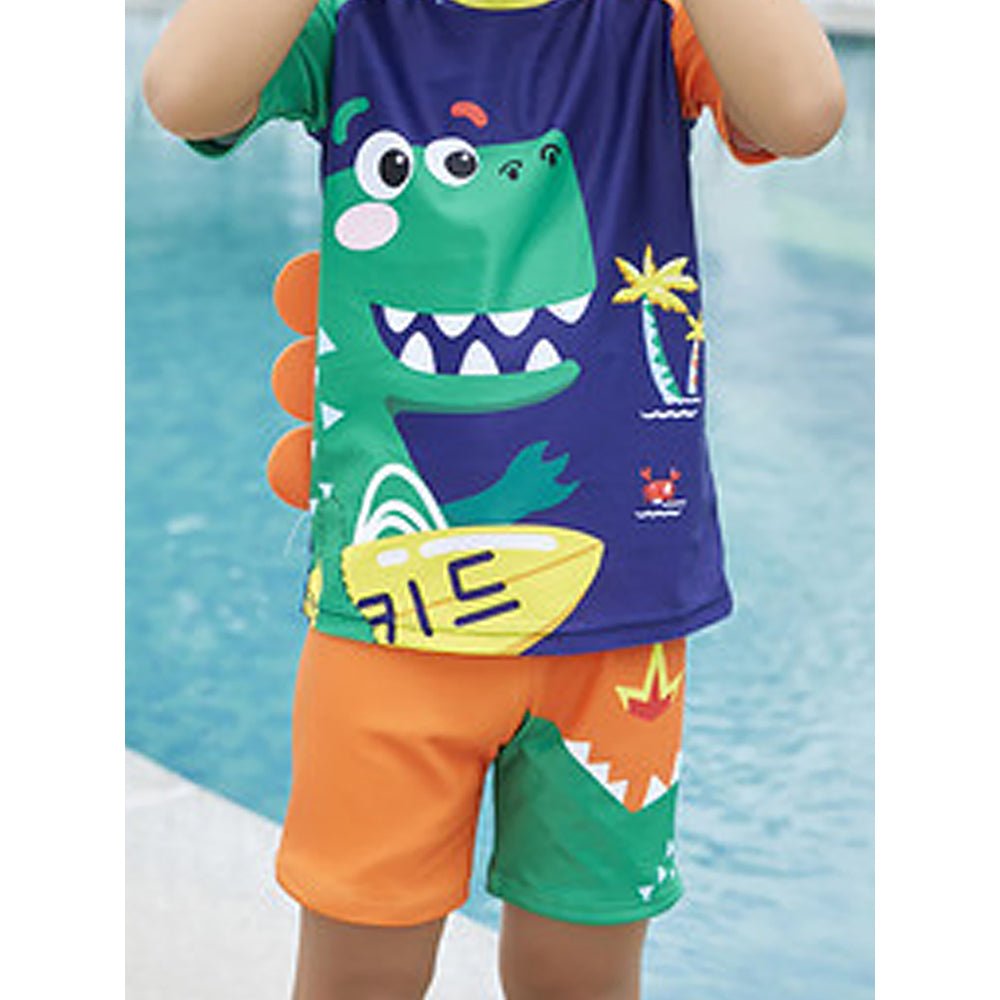 Little Surprise Box 2 pcs Shirt & Shorts set 3d Orange Dinosaur Swimwear with matching swimcap for toddlers and Kids,with UPF 50+ - LSB-SW-2PORNGEDINO100